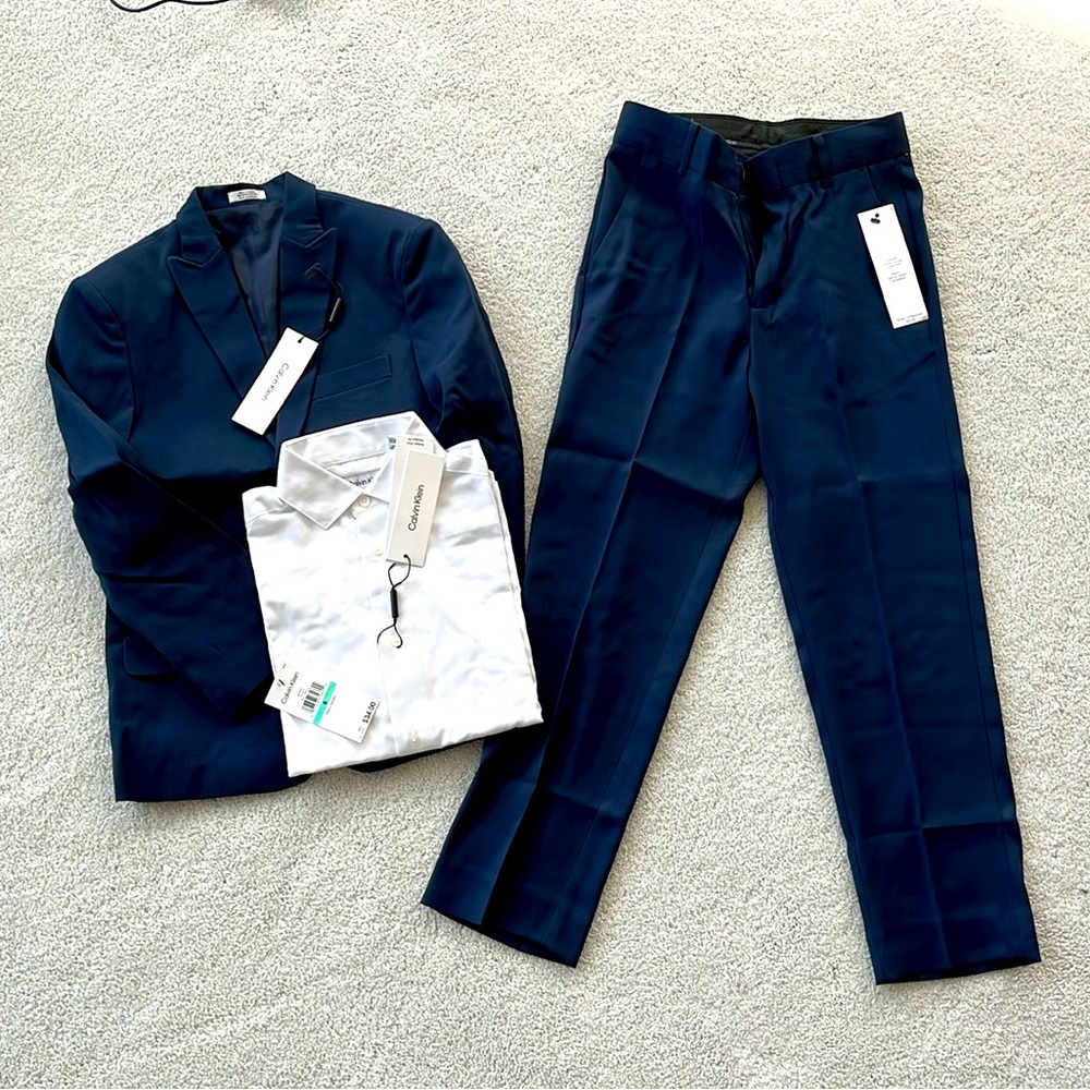 Boys Calvin Klein blue suit with white shirt size 8 slim fit